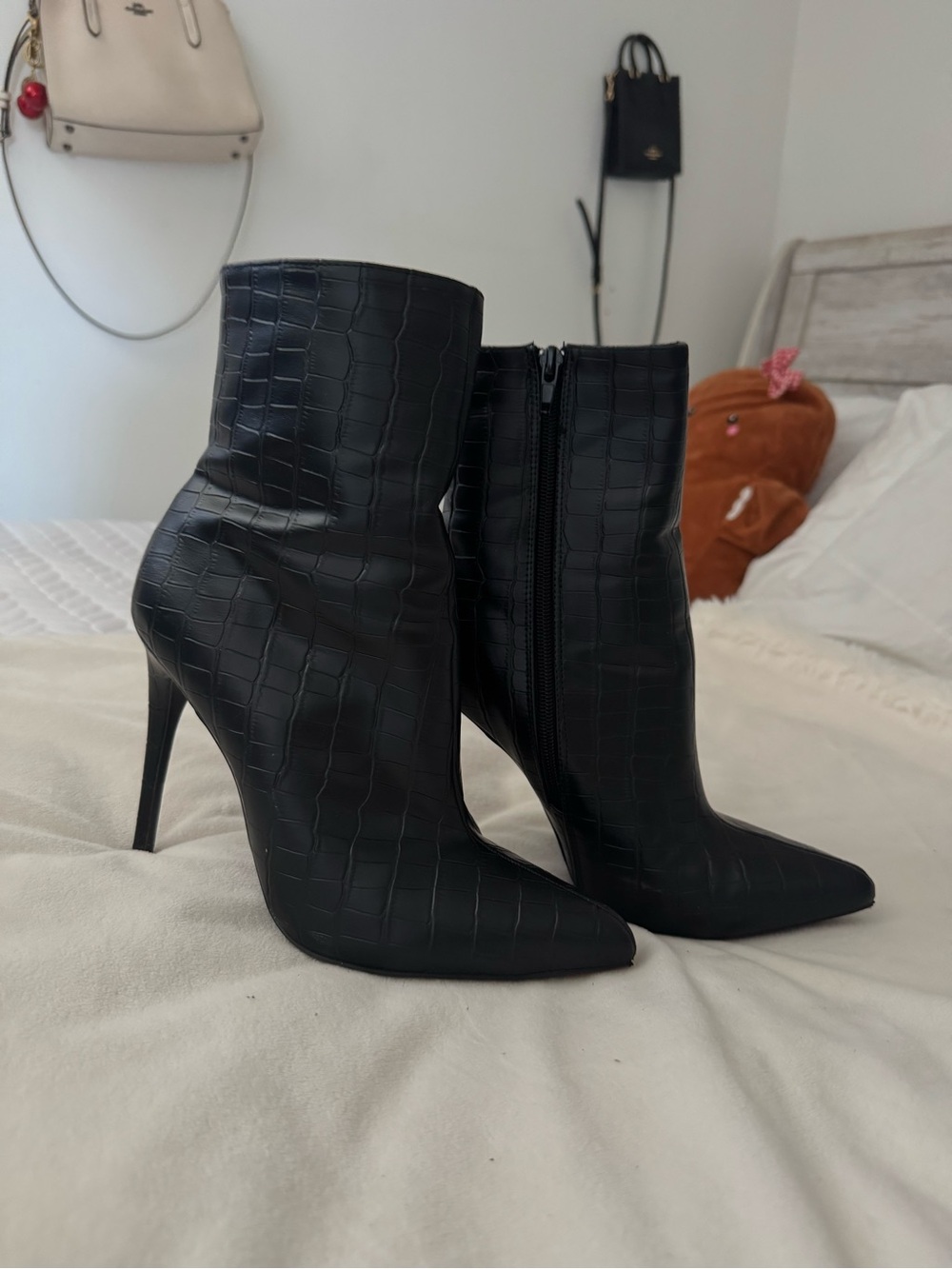 Fashion Nova Black Croc-Embossed Stiletto Ankle Boots